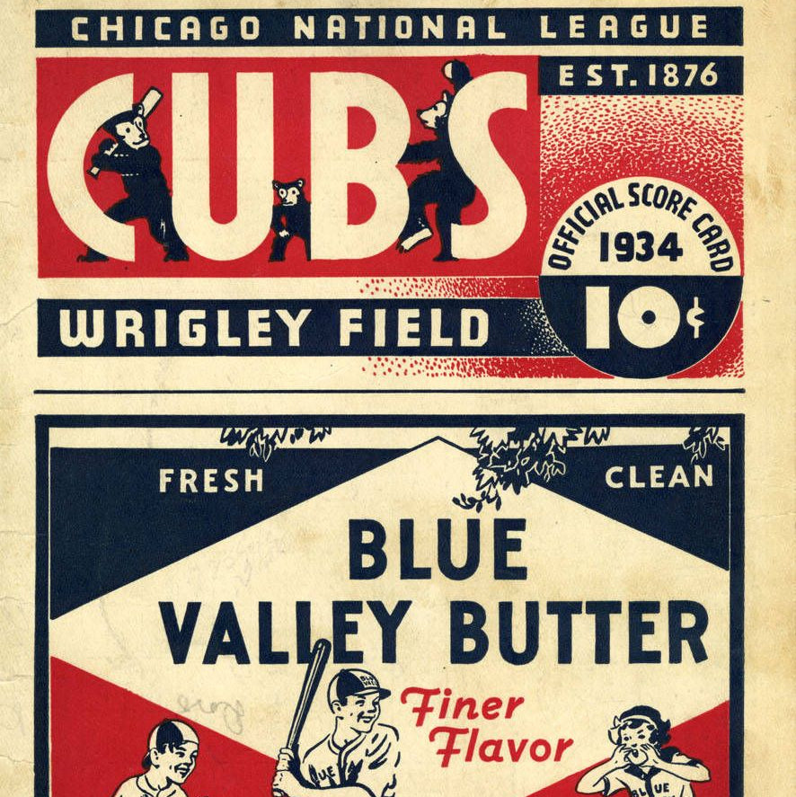 Vintage-style advertisement for Chicago Cubs and Wrigley Field with baseball players and text.