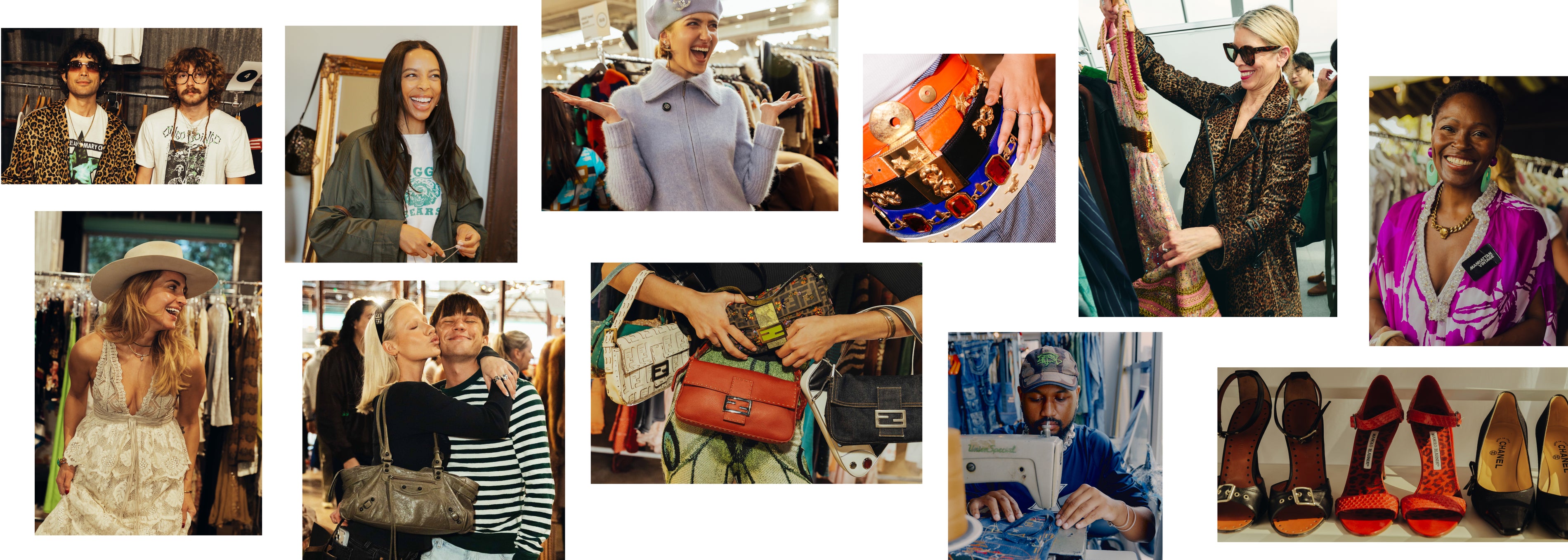 A collage of multiple fashion lifestyle photos showing people in clothing stores, wearing and carrying handbags, shoes, and accessories. The collage includes a red handbag, a striped top, a pink top, and several pairs of shoes, with no single product isolated.